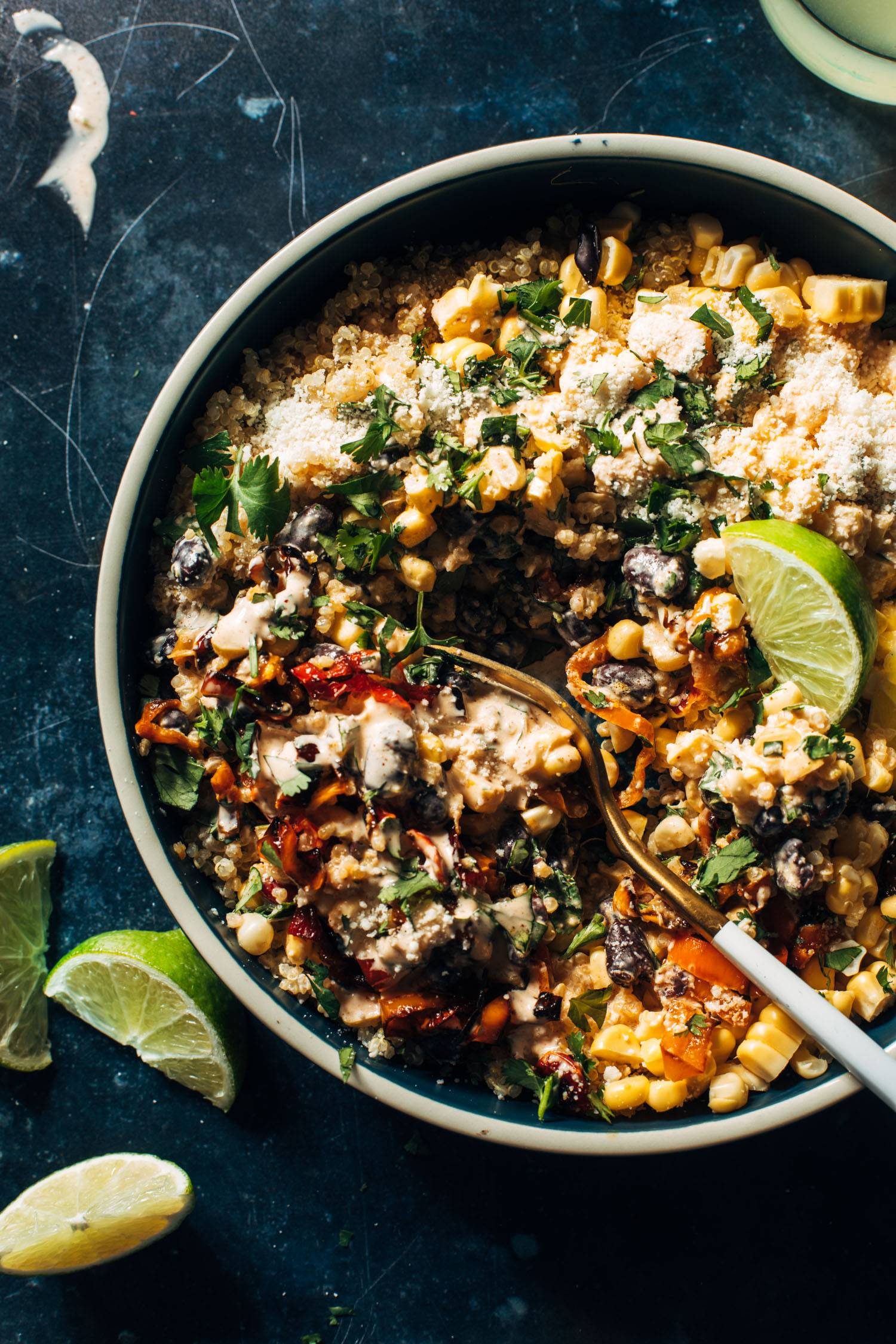Elote quinoa salad in a bowl.