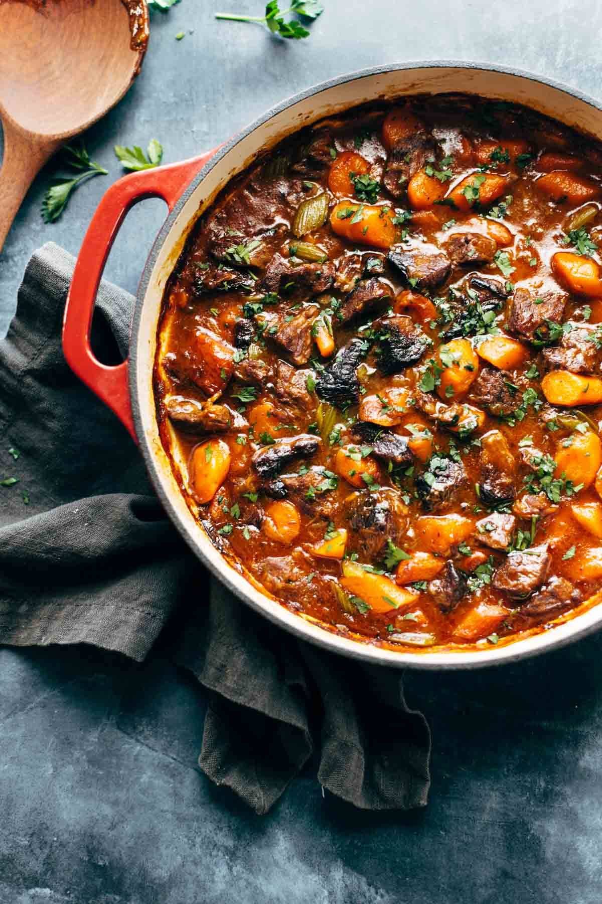 Beef stew in a dutch oven.